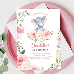 Elefant-Geburtstags-Einladung 1. Geburtstagsparty einladen Mädchen rosa Blumen Safari-Dschungel-Tier Digital bearbeitbare druckbare Download Bir20