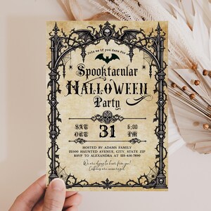 May include: A rectangular Halloween party invitation on aged parchment paper with a black gothic frame featuring bats, skulls, and spiderwebs. The text reads: Join us if you dare for a Spooktacular HALLOWEEN Party, SAT OCT 31, 6:00 PM, ADAMS FAMILY.