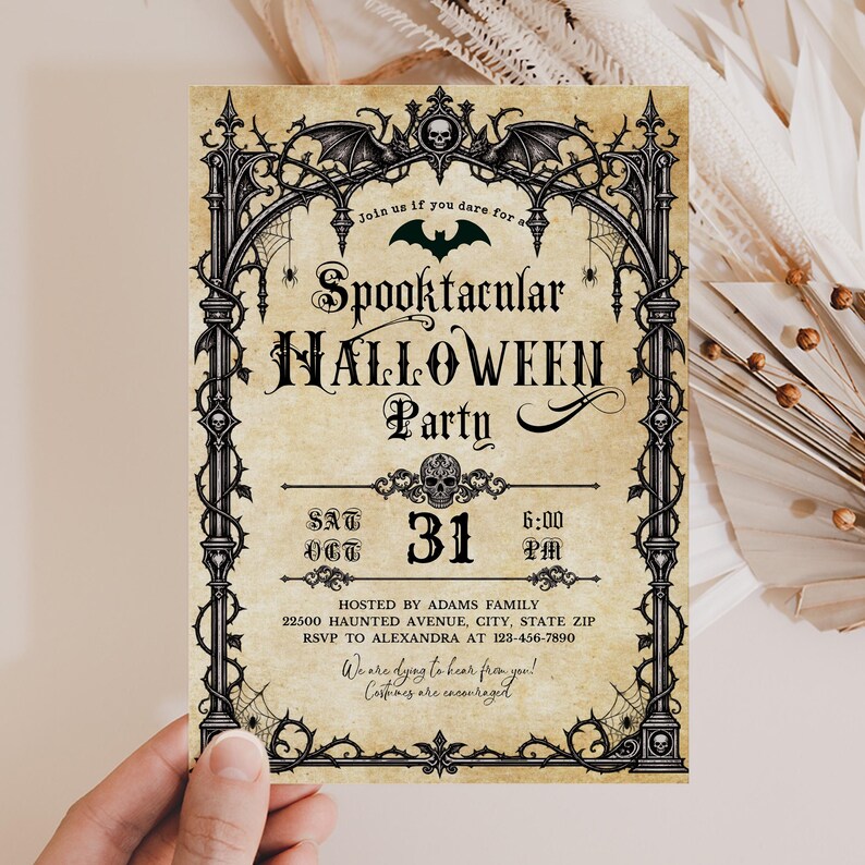 May include: A rectangular Halloween party invitation on aged parchment paper with a black gothic frame featuring bats, skulls, and spiderwebs. The text reads: Join us if you dare for a Spooktacular HALLOWEEN Party, SAT OCT 31, 6:00 PM, ADAMS FAMILY.