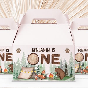 Camping Birthday Giebel Box Label One Happy Camper Camper Party Erster Geburtstag 1. Favor Label Bär S'more Bearbeitbar Druckbar Download Bir335