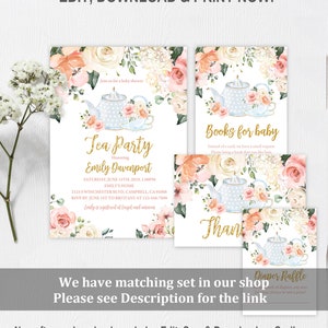 Tea Party Baby Shower Invitation Floral High Tea Invite Time for Tea Brunch Gold Pink Floral Editable Download Printable Bab33 image 6