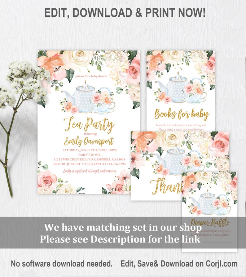 Tea Party Baby Shower Invitation Floral High Tea Invite Time for Tea Brunch Gold Pink Floral Editable Download Printable Bab33 image 6