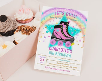 May include: A pink and black roller skate with rainbow and star accents. The invitation reads "Let's Roll! Lace up your skates to celebrate Charlotte's 8th Birthday!" with details for the party on Saturday, June 23rd from 2:00pm to 6:00pm at Charlotte's home.