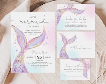 May include: A baby shower invitation with a mermaid tail design. The invitation is for Olivia Rose and is on August 23rd. The invitation includes a book request, diaper raffle, and a thank you card.