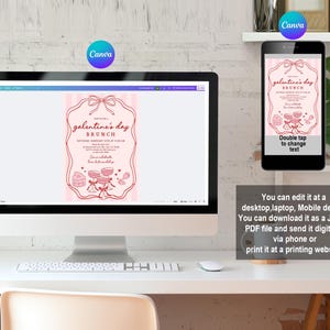 May include: A desktop computer and smartphone display a pink Galentine's Day brunch invitation. The invitation features a decorative frame with a bow, text, and illustrations. The image also includes the Canva logo and text about editing and downloading the design.