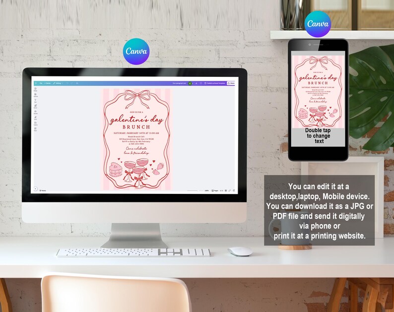 May include: A desktop computer and smartphone display a pink Galentine's Day brunch invitation. The invitation features a decorative frame with a bow, text, and illustrations. The image also includes the Canva logo and text about editing and downloading the design.