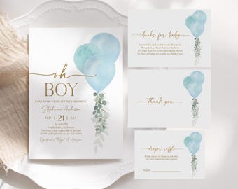 Paquete de invitaciones para baby shower: Globo azul, vegetación - Editable Bab371