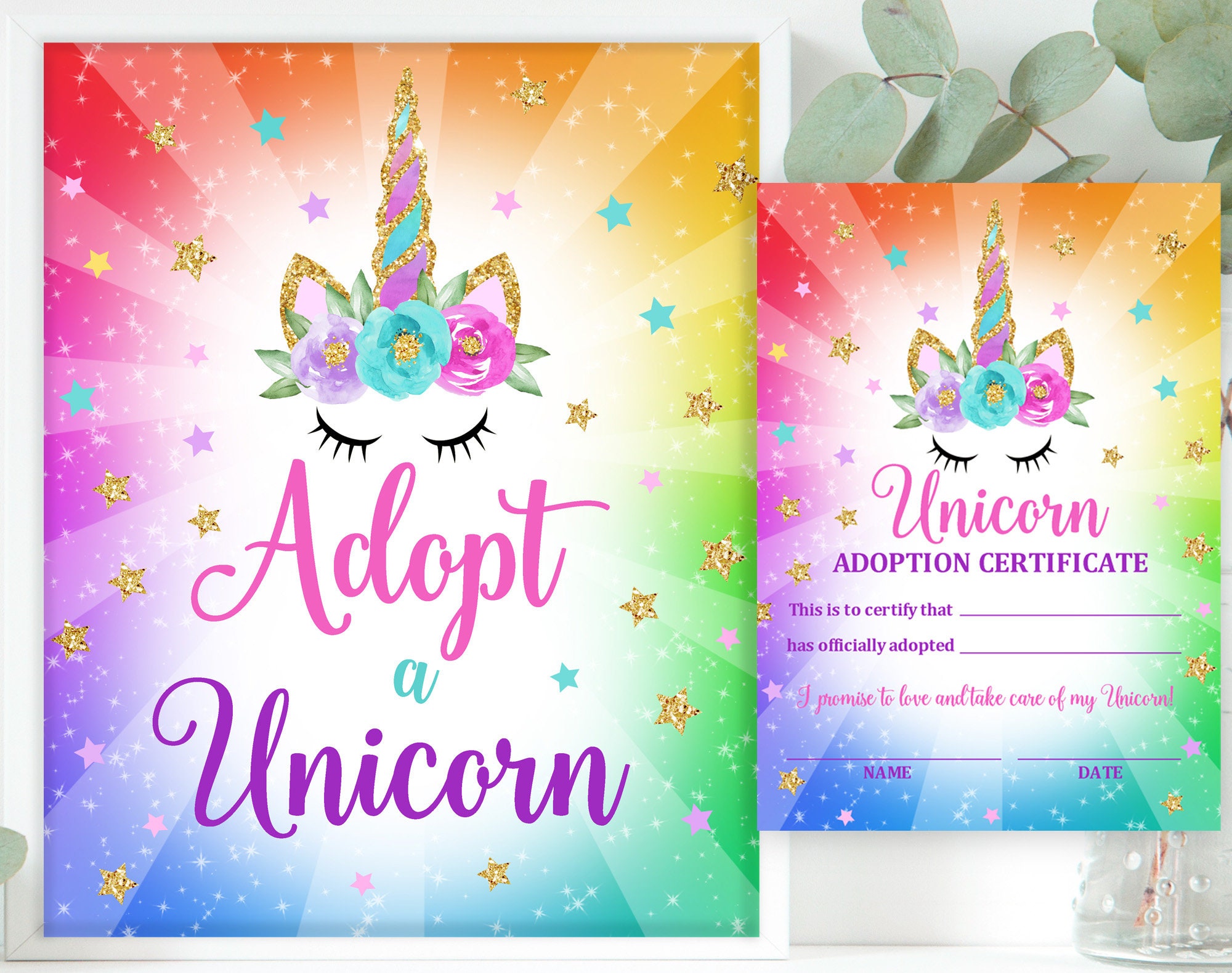 Rainbow Unicorn Adoption Sign - Printable Birthday Certificate Bir87 - Etsy