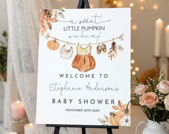 Fall Pumpkin Baby Shower Welcome Sign - Editable Boho Girl Poster Bab291