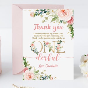 Little Miss Onederful Thank You Card Blush Pink Floral Gold Thank You Note Girl 1st Birthday Digital Editable Printable Download Bir303
