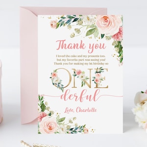 Little Miss Onederful Dankeschön-Karte Blush Pink Floral Gold Dankeschön Hinweis Mädchen 1