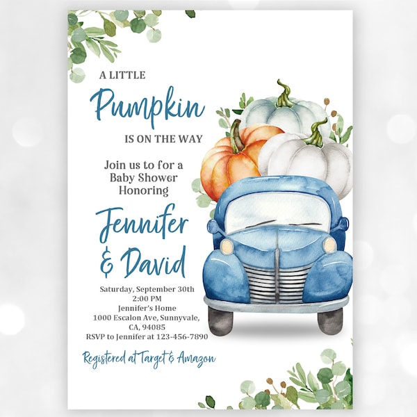 Invito per baby shower: design con camioncino a tema zucca autunnale (modificabile e stampabile Bab102)
