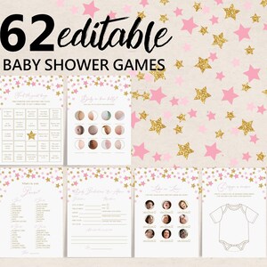 Twinkle Twinkle Little Star Baby Shower Games Bundle, Editable Pink Gold Star Baby Shower Games, Girl Printable Games, Digital Bab369