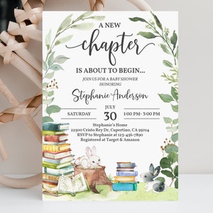 Storybook Baby Shower Invitation Chapter Book Printable Book theme Invite Gender neutral Greenery Rabbit Editable Printable Download Bab217
