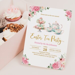 Invitation de fête de thé de Pâques, brunch de Pâques, lapin floral rose, église communion, fête de printemps, jardin de thé, édition imprimable EpI5
