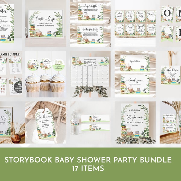 Storybook Baby Shower bundle New Chapter Baby Shower Invitation Set Book Themed Greenery Bunny Pack Gender neutral Editable Printable Bab217