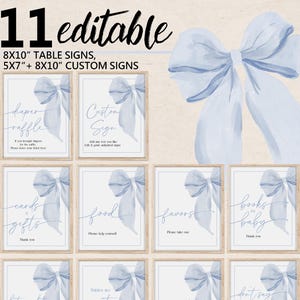 Blue Bow Baby Shower Table Sign Bundle Editable Dusty Blue Ribbon Table sign Set Printable Custom Sign Bow Decoration Blue Coquette Bab340