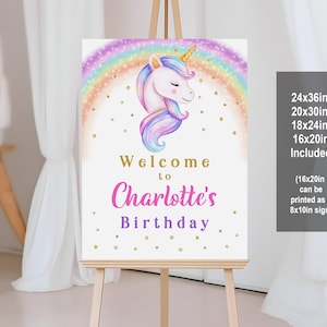 Unicorn Birthday Welcome Sign Magical Party Poster Rainbow Sign Set Decor Gold Glitter Confetti Printable Editable Download Bir249