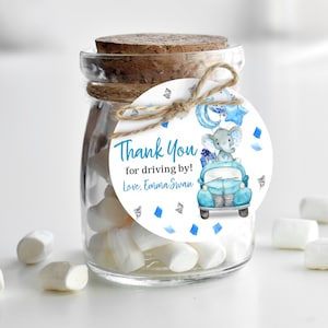 Bedankkaartje olifant babyshower, sticker olifant drive by babyshower rond, vierkant inbegrepen Download BEWERKBAAR Db1
