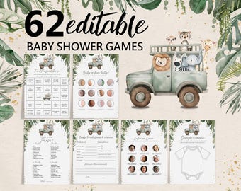 Paquete de juegos de safari para baby shower: 62 imprimibles editables de animales de la selva (Bab361)