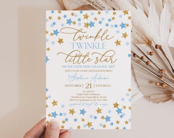 Twinkle Star Baby Shower Invitation: Blue & Gold Glitter Bab370