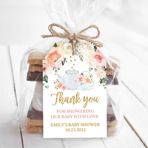 Tea Party Baby shower Favor Tag Thank You Gift Label Gold Pink Floral Tea Party Décor Printable Editable Download Printable Bab33