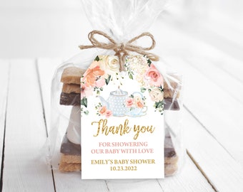 Tea Party Baby shower Favor Tag Thank You Gift Label Gold Pink Floral Tea Party Décor Printable Editable Download Printable Bab33