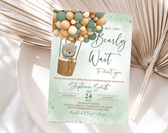 Teddy Bear Baby Shower Invite, Green Brown Balloons (Editable Printable) Bab163