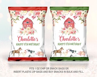 May include: Two red and green chip bags with a white background. The bags feature a watercolour illustration of a red barn with a floral wreath, a horse, a chicken, a cow, and a pig. The text on the bags reads "Charlotte's Happy 4th Birthday".