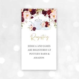 May include: A white card with a floral design and a teapot and teacup illustration. The text reads "Registry Jessica and James are registered at Pottery Barn & Amazon".