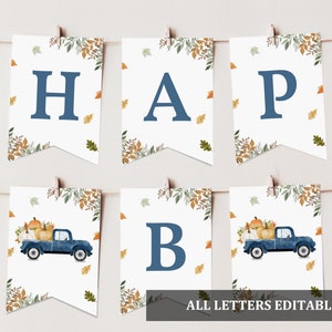 Banner de cumpleaños de camión de calabaza editable, cumpleaños de niño de camión azul, imprimible, otoño, primer cumpleaños, guirnalda de fiesta de otoño, hojas azules, descarga Bir313