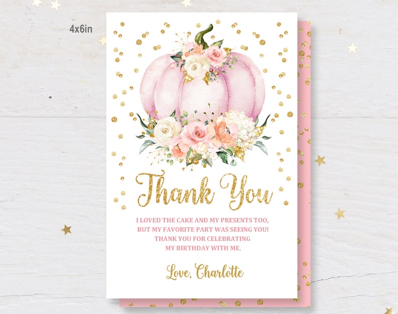 Pumpkin Birthday Thank You Card, Fall Pink Gold Glitter (editable ...