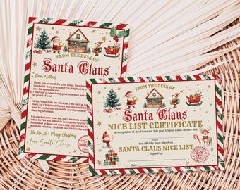 May include: Two rectangular paper cards featuring Christmas themes. One card is a letter from Santa Claus with a red and green striped border, illustrations of Santa, a workshop, and a sleigh. The other is a Nice List Certificate with similar festive graphics.