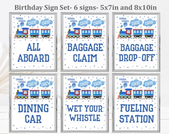 Train Birthday Party Table signs set Party Decor Pack Chugga Choo Choo Blue Train Table signs Boy Second Editable Printable Download Bir60