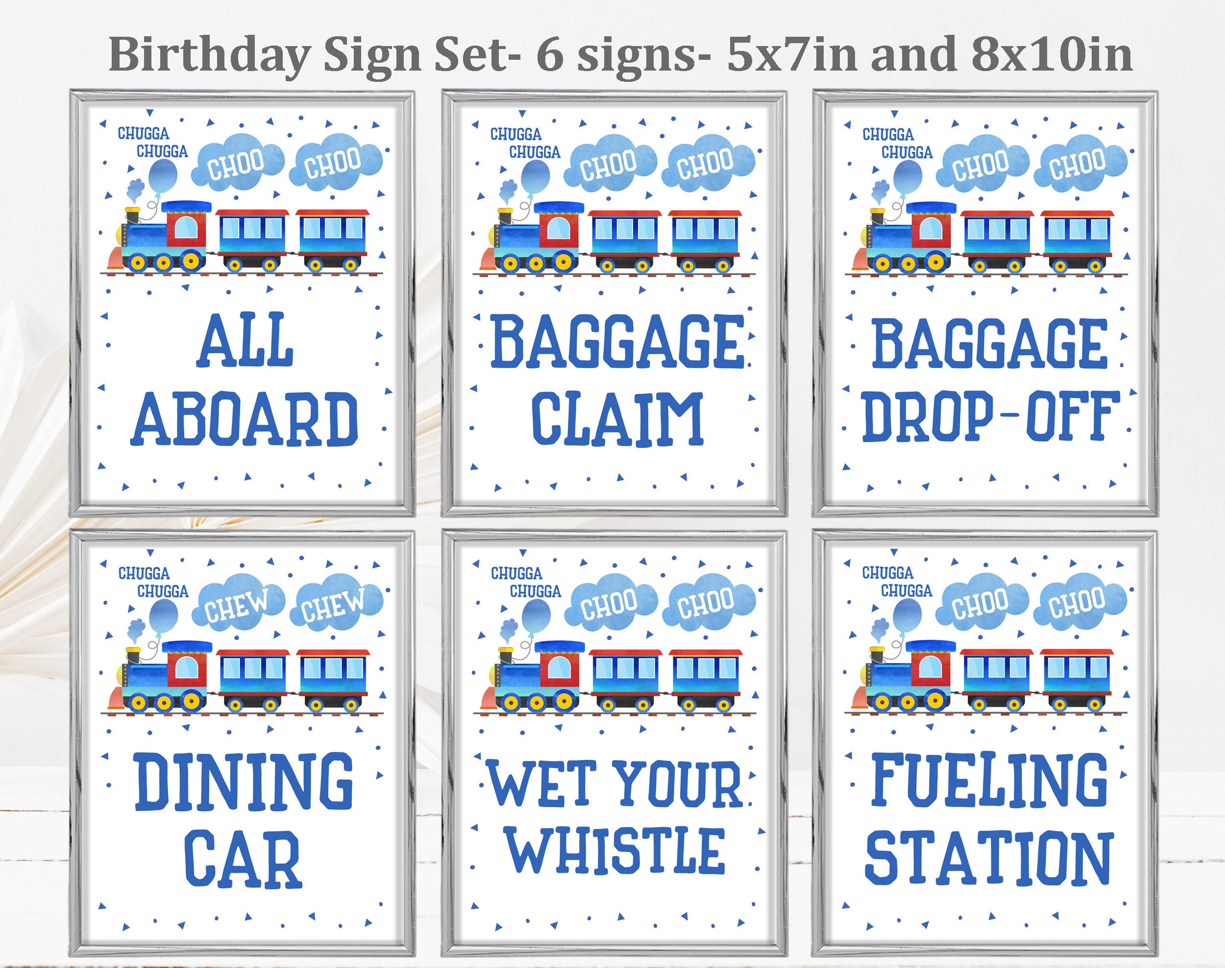 Train Birthday Party Table signs set Party Decor Pack Chugga Choo Choo Blue Train Table signs Boy Second Editable Printable Download Bir60