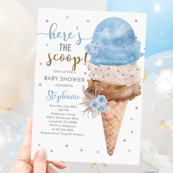 Ice Cream baby shower Invitation Pastel Boy Baby shower Invite Here's the scoop Blue Brown Summer Boho Editable Printable Download Bab93