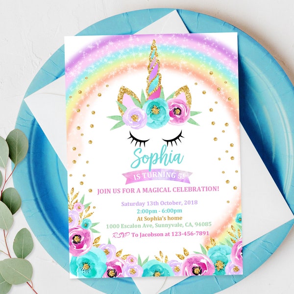 Unicorn Birthday Invitation Rainbow Party Gold Glitter Pink Girl Magical Day Invites Editable Printable Download from Corjl.com Rain1