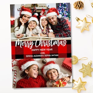 Biglietto fotografico di Natale - Biglietto di auguri rustico in tartan scozzese - Biglietto di auguri natalizio con foto in tartan scozzese - Biglietto di auguri per il nuovo anno