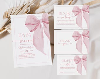 Pink Bow Baby Shower Invitations, Ribbon Design (Editable Digital Bab335)