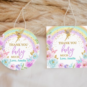 Fairy Birthday Favor Tags Fairy Party Gift Sticker Fairy baby shower Thank You Label Rainbow Floral Gold Editable Printable Download Bir274