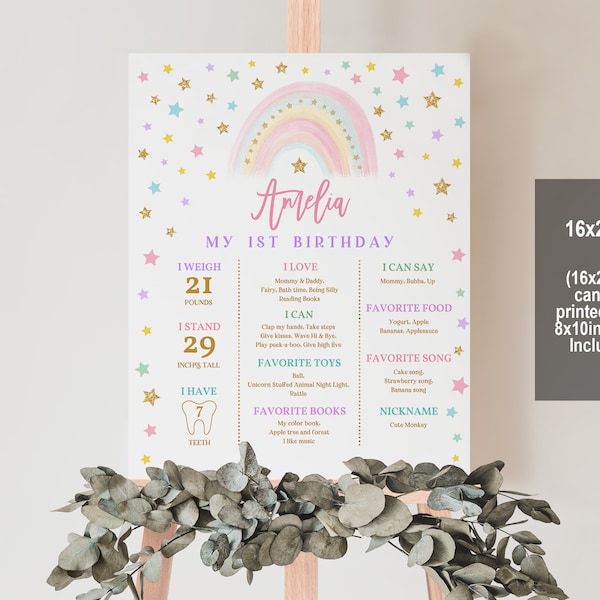 Rainbow First Birthday Sign: Pastel Chalkboard with Gold Glitter Bir299