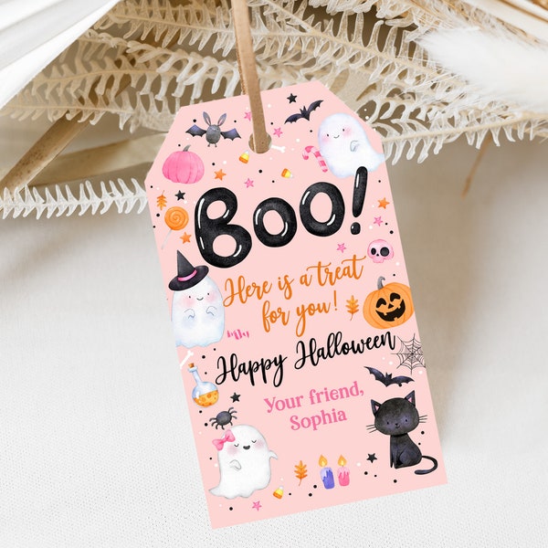 Halloween Treat Tag Boo Birthday Favor Tags Halloween Pumpkin Party Spooky Girl Spooky Pink Ghost Gift Tag Editable Printable Download Hab2