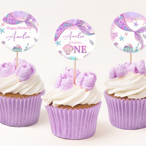 Mermaid Birthday Cupcake Toppers Mermaid label Mermaid favor tag 1st Birthday Decoration Digital Girl Editable Printable Download Bir321