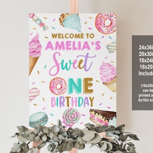 スイートワンバースデーウェルカムサイン 1歳の誕生日ウェルカムポスター デザートサイン 女の子 アイスクリーム キャンディ ドーナツ 編集可能 印刷可能 ダウンロード Bir360