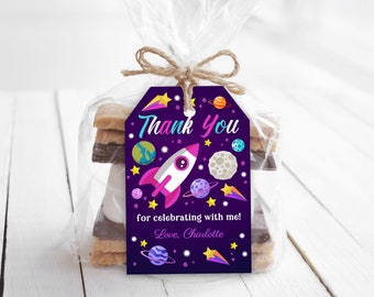 Outer Space Birthday Tag Astronaut Girl Favor Label Thank You Tag Gift Label Printable Label Sticker EDITABLE Download Bir204