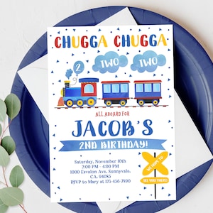 Train Birthday Invitation Train Party Invite Chugga Chugga Two Two 2nd Birthday Boy Blue Vehicle Digital Editable Printable Download Bir60