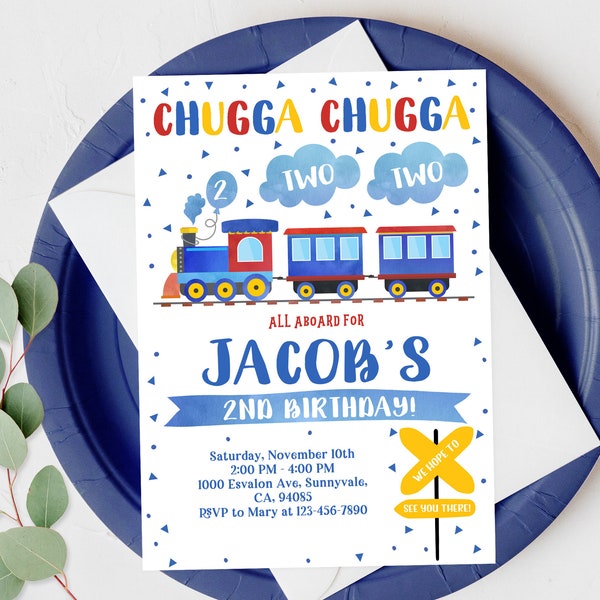 Invitation d'anniversaire de train Invitation de fête de train Chugga Chugga Two Two 2e anniversaire de garçon bleu véhicule numérique imprimable en téléchargement Bir60