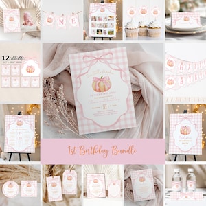 May include: A collection of pink and white gingham party stationery featuring watercolour pumpkin illustrations and bows. The set includes invitations, banners, cupcake toppers, signs, and tags with text such as Our Little Pumpkin is Turning One.