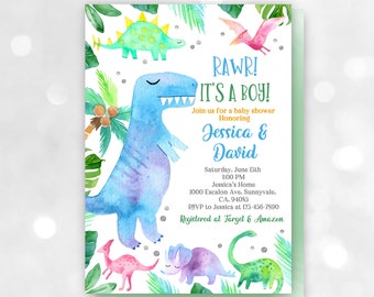 Dinosaur Baby shower Invitation It's a boy Cute Dino Party Invite Jungle Tropical Greenery T-rex Hawaiian Editable Download Printable Bab115