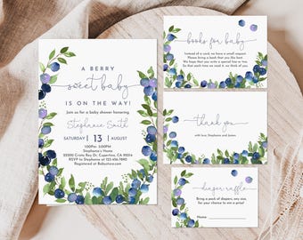 Blueberry Baby Shower Invitation Set: Editable Summer Berry Theme Bab288